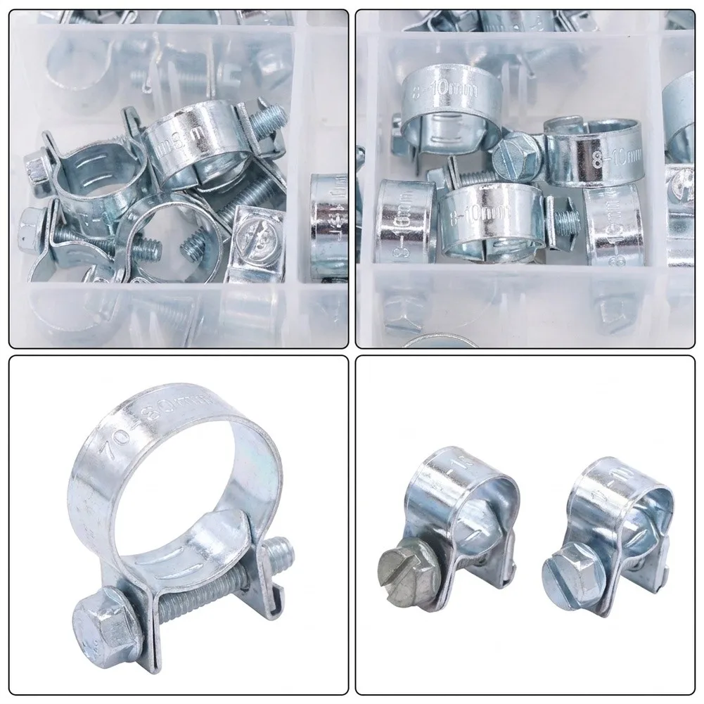 50Pcs Galvanized Iron For Mini Fuel Hose Clamp Set Adjustable Screw Pipe Clamps For Automotive Water Air Tube With Storage Box
