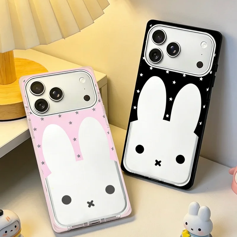 

Fashion Square Cute Pink Black Miffy Star phone case for iPhone 15 16 17Pro Max Lovely cartoon long ears Miffy shockproof Cover﻿