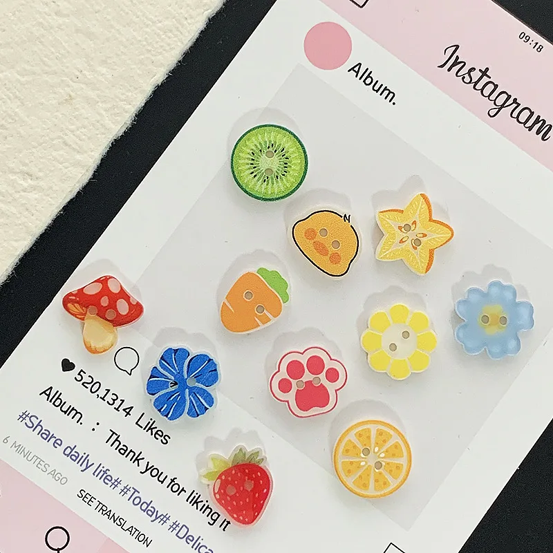 15mm 10pcs Cute Cartoon Fruit Buttons Two-eye Resin Button for DIY Kids Shirt Clothing Cardigan Hairpin Bag Handmade Accessories