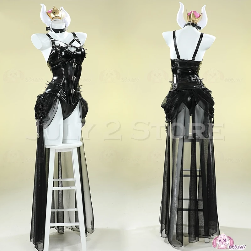 Kobiety czarny kostium księżniczki Cosplay seksowna Bowsette Doujin brzoskwiniowa przebranie na karnawał śliczna impreza Halloween lateksowy garnitur sukienka Anime