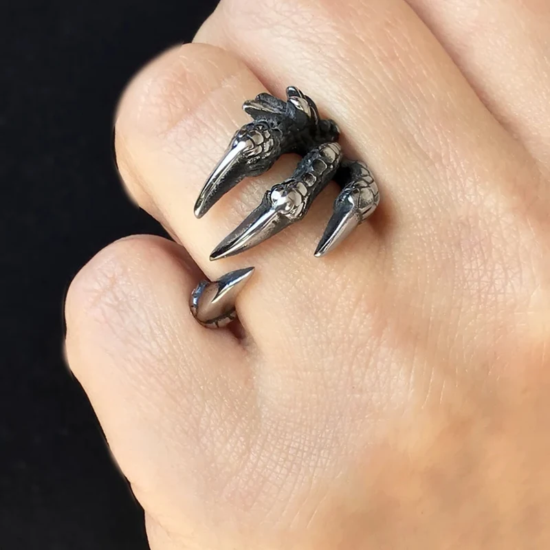 Vintage Punk Titanium Steel Eagle Dragon Claw Rings Halloween Skull Ring Hot Selling Men\'s Domineering Open Rock Animal Jewelry