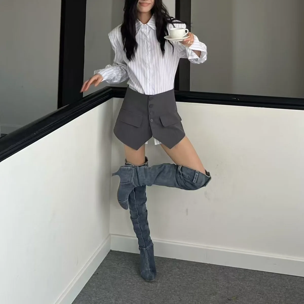 KWTX Women's 2 Piece Shirt Set Casual Elegant Chic Slim Fit Designer Lapel Single Button with Cincher Belt Premium Solid SS25