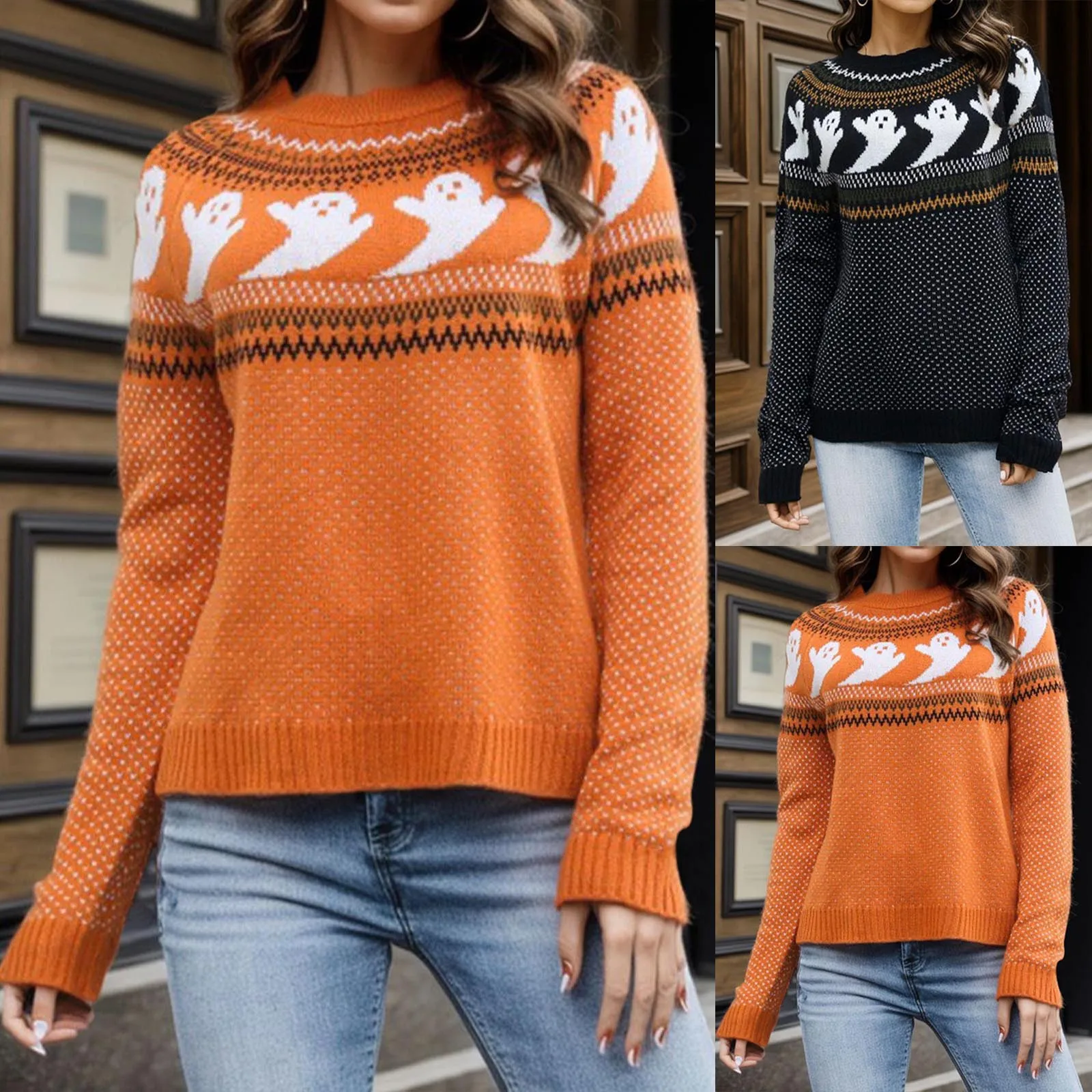 Women Halloween Sweater Autumn Winter Casual Fashion Round Neck Ghost Print Knitted Sweater Pullover Casual Jumper Loose Blouse