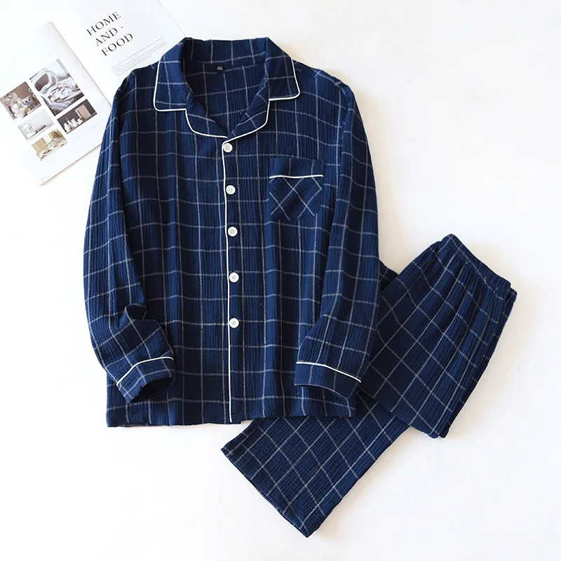 New men\'s plaid home service suit 100% cotton crepe cloth pajamas long-sleeved trousers simple two-color plus size home service