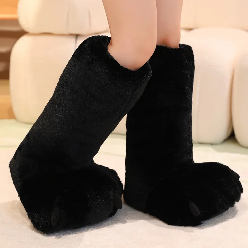Women 2025 Winter High-top Floor Boots Plush Bear Paw Cotton Shoes Gag With Home Slippers Floor Warm Slippers Floor Cotton Shoes