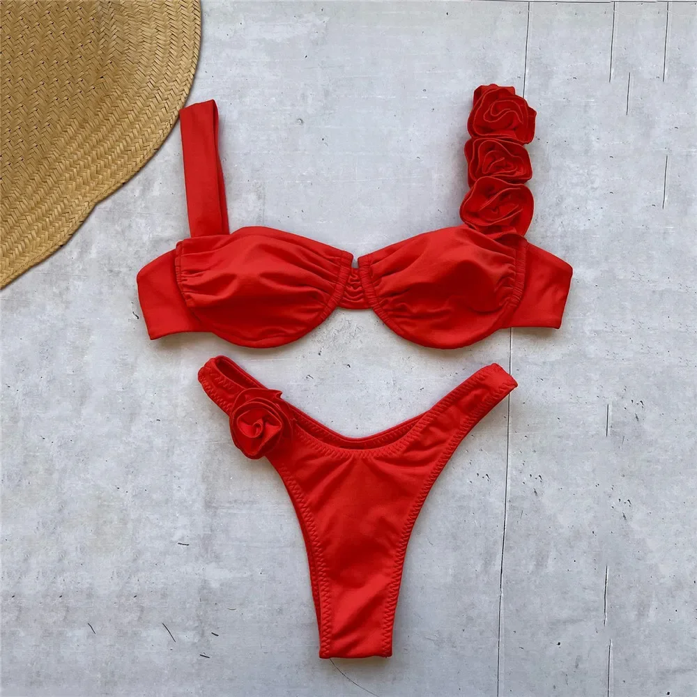 Sexy 3D Flower Rose Red Push Up Bikinis Sets Women Swimsuit 2024 High Leg Cut Swimwear Underwire Bathing Suit Micro Bikini Mujer