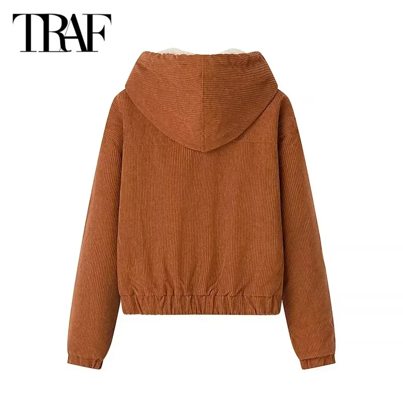 Traf-女性用コーデュロイフード付きコート,暖かい冬のジャケット,デミパッド入りのシーズン,長袖,ショートパーカー,アウターウェア,2024