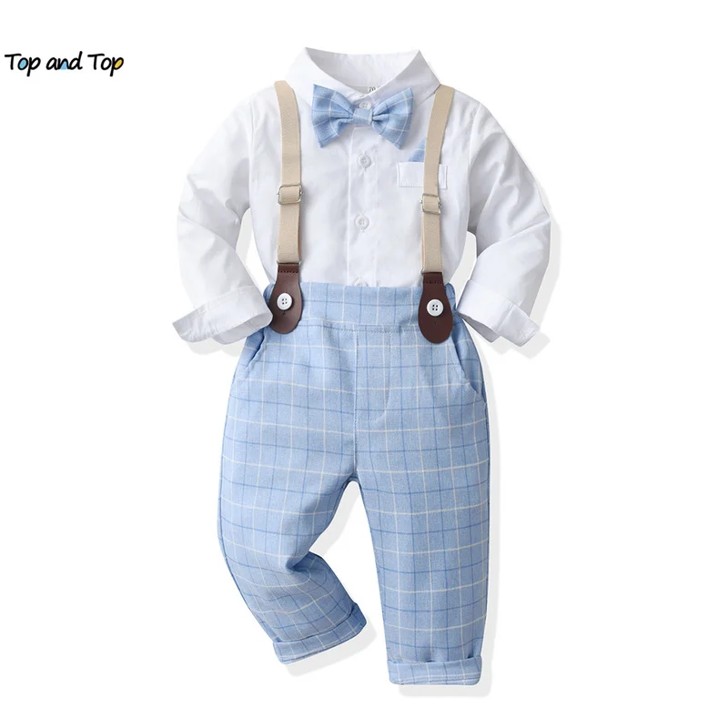 

top and top 2023 Baby Boys Gentleman Clothing Sets Long Sleeve Shirt Tops+Overalls Newborn Infant Boy Casual Clothes 2PCS Suit