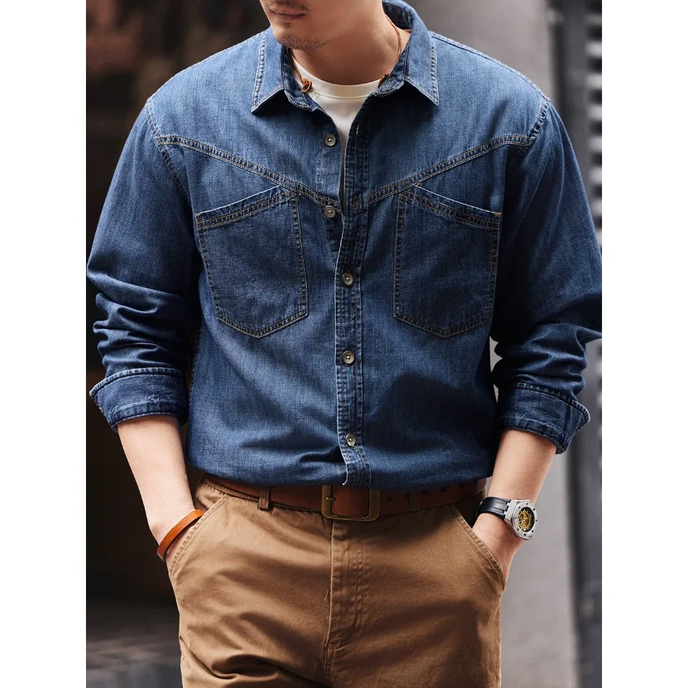 

Модная мужская рубашка-куртка из чистого хлопка в американском ретро-стиле, свободного кроя, с длинными рукавами, повседневная, в стиле рабочей одежды.
