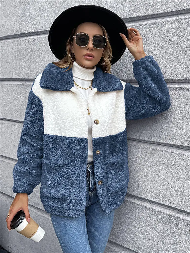 Women Winter Sherpa Sweater Fluffy Teddy Fleece Vintage Cardigan Patchwork Color Fuzzy Jacket Warm Streetwear Sweaters