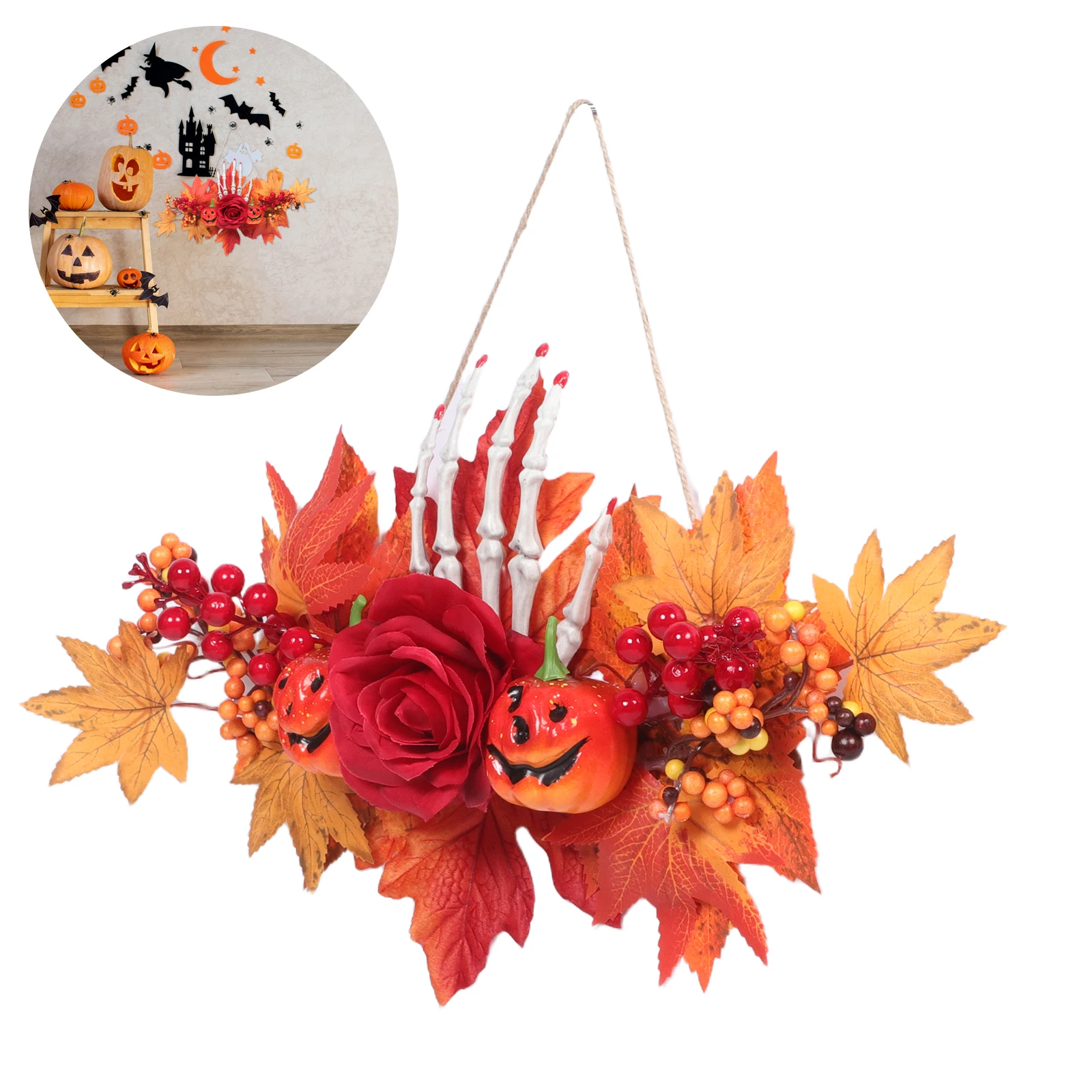 

Pumpkin Maple Wreath Autumn Halloween Decor Leaves Wreaths Artificial Front Door Fall Leaf Fake Mantelpiece