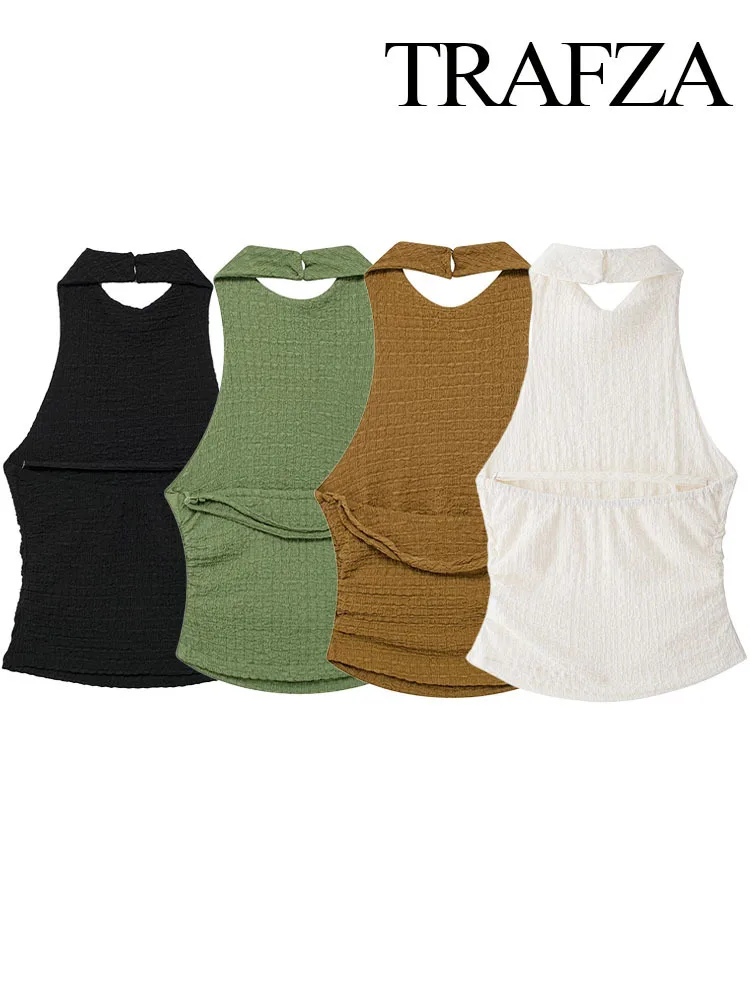 BabYoung Summer Women Fashion Solid Sleeveless Backless Buttons Female Elegant Ruched Textured Halter Neck Tops 4 Color