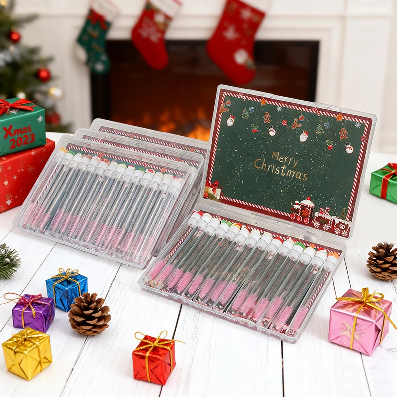 14 pièces coffret cadeau Mascara de Noël ensemble de pinceaux à cils-Père Noël flocon de neige conception Mascara baguette pinceaux de maquillage, brosse à cils de voyage