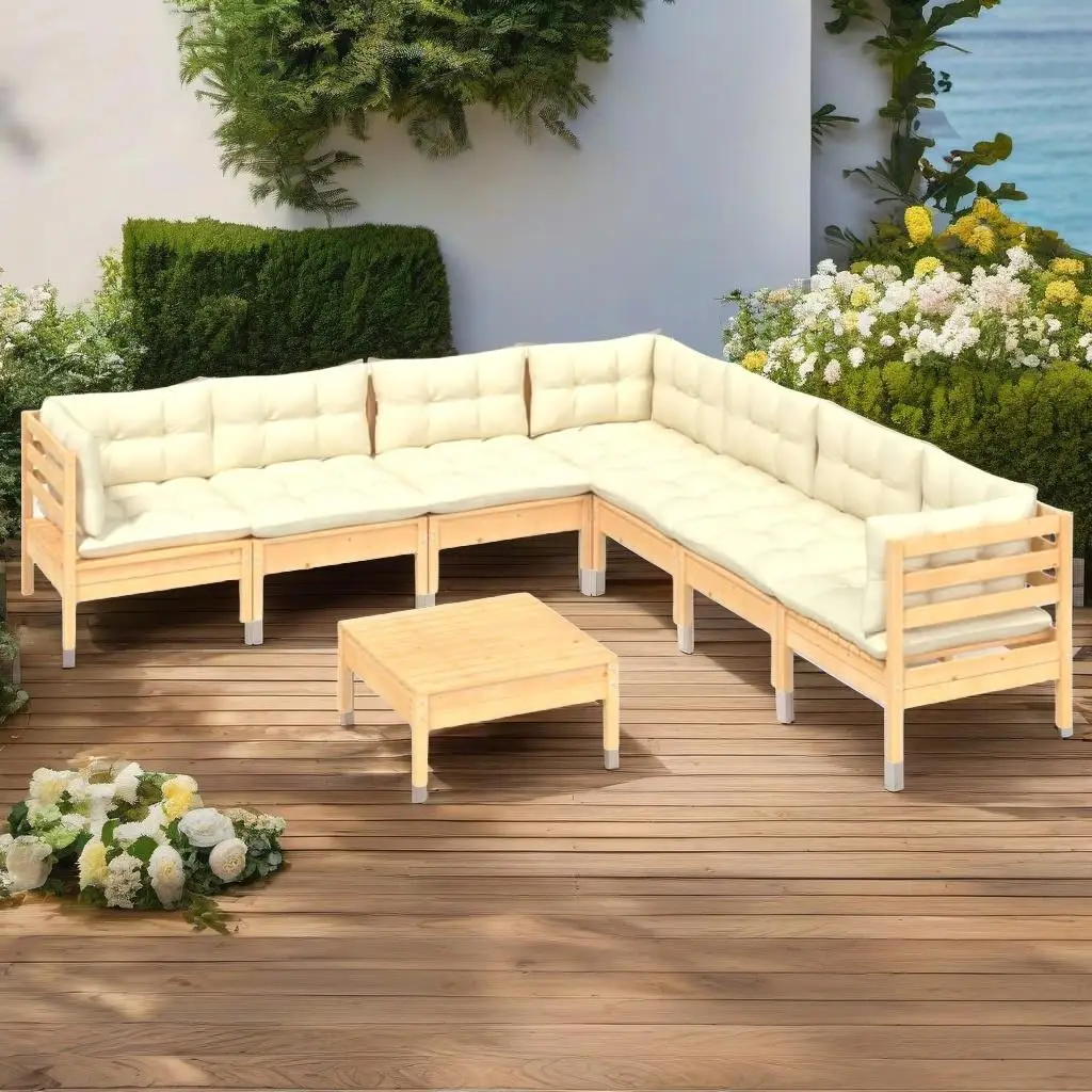 8-Piece Patio Lounge Set - Cream Cushions & Durable Solid Pinewood Furniture