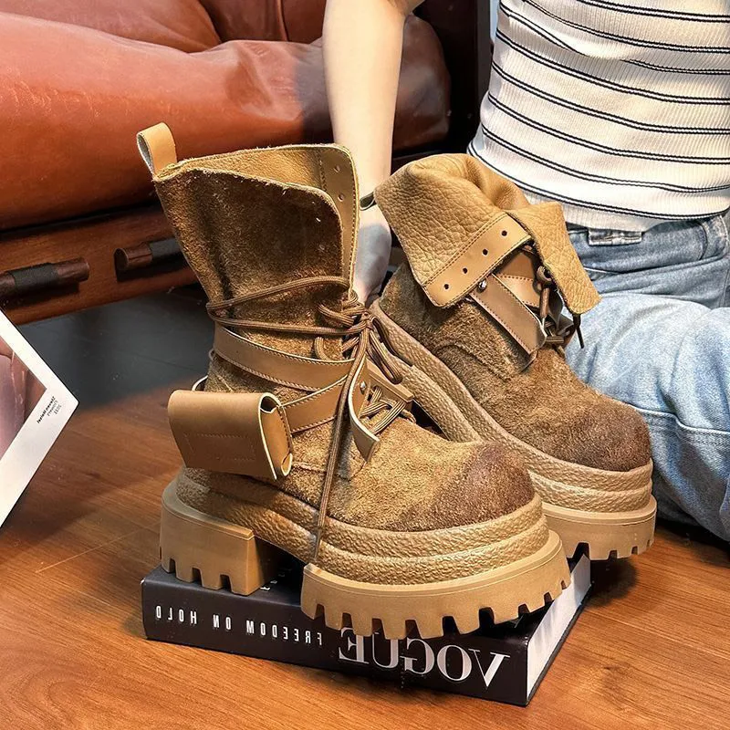 Platform Women's Boots Fashion Designer Big-head Motorcycle Mid-calf Boots Thick-soled Women's Western Cowboy Boots Botas Mujer - Detail 1