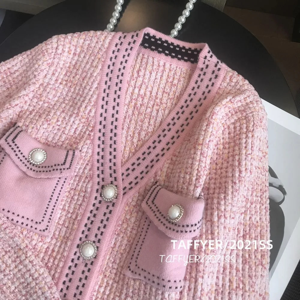 Knitting Cardigan for Women's Winter Korean fashion Luxury Designer Clothes Autumn Women's coat Slim-Fit Pink Knit Cardigan