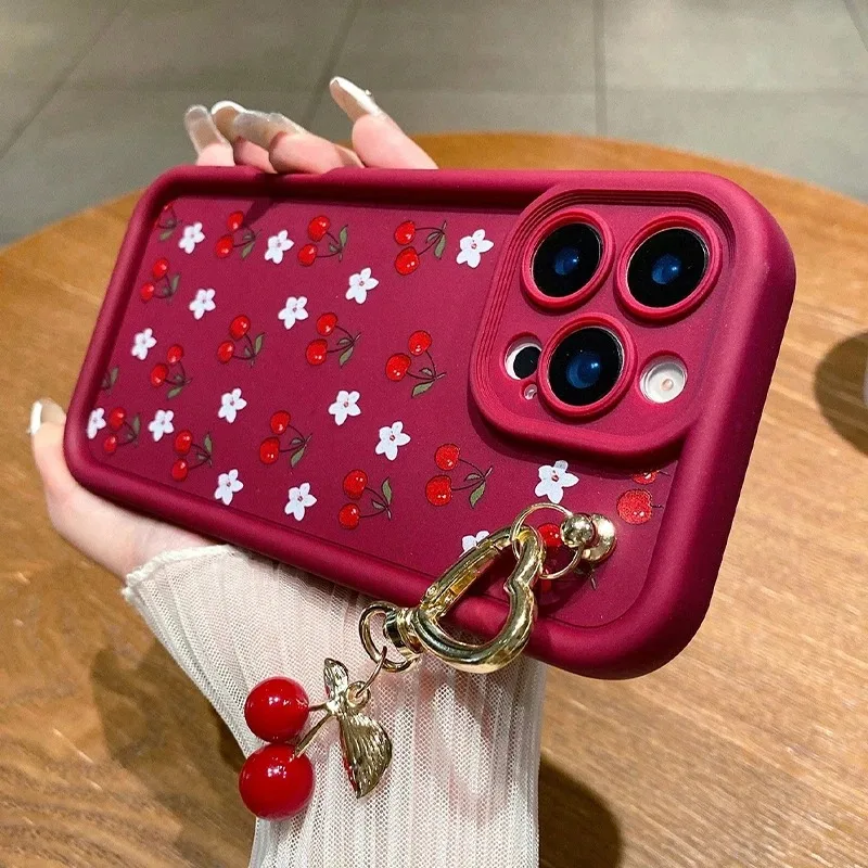 Rote Kirschmuster-Silikon-Handyhülle für iPhone 17 16 15 14 13 12 11 Pro Max 17 Air 16E XS X XR 7 8 Plus mit Kirschketten-Design
