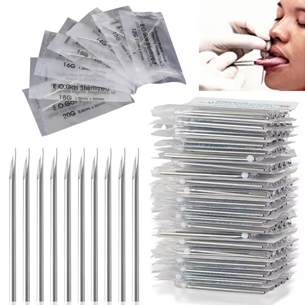 מחטות חד פעמיות וסטריליות לקעקועים 12g/14g/16g/18g, מחטות לניקוי שריר הבטן, השד, האוזן, האף והשפתיים מפלדת אל-חלד