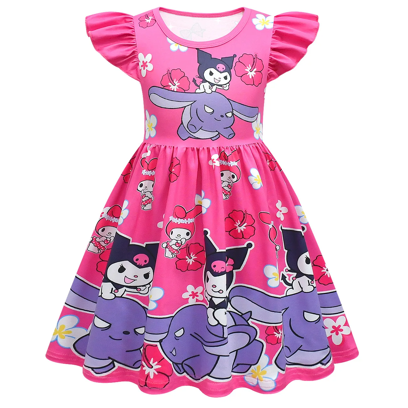 Summer New Clothes Girl\'s Dress Cartoon Print Dress Kuromi Princess Flying Sleeves A-line Dress Cotton Children\'s Clothing