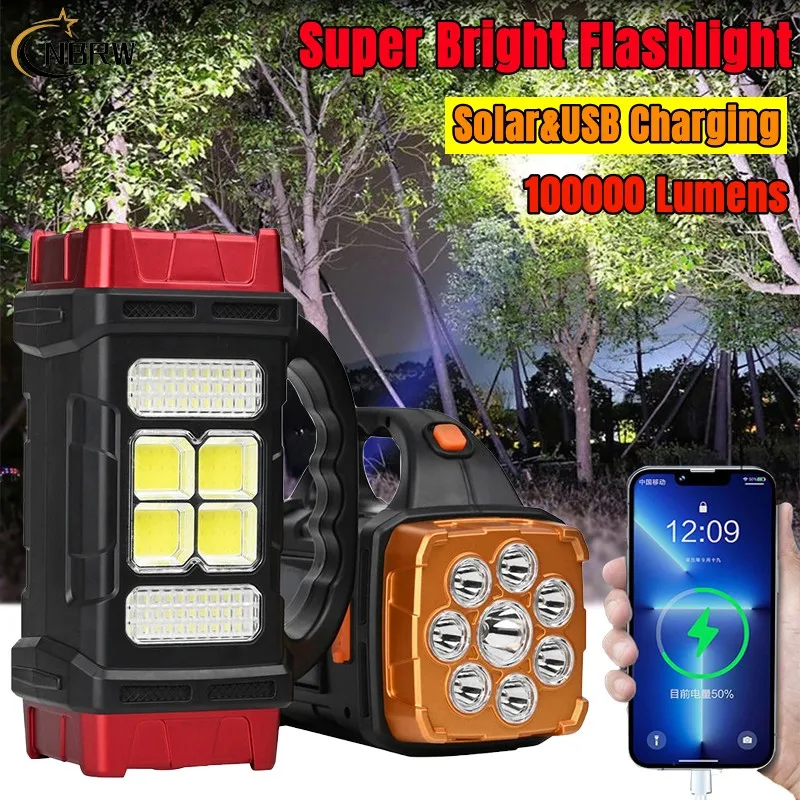 

Solar LED Flashlight Rechargeable Searchlight Portable Handheld Lantern Power Bank Torch With COB Work Solar Light for Camp