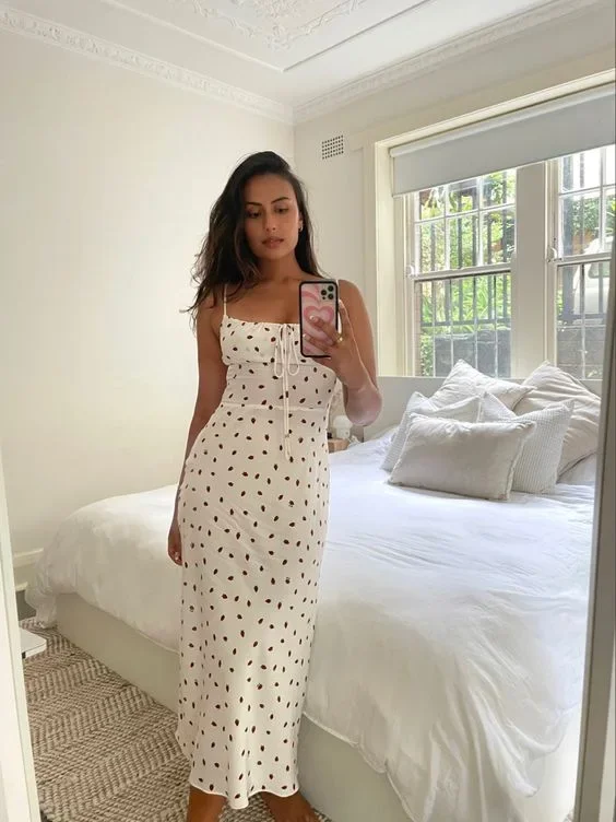 Cottagecore – robe camisole imprimée fraise, cravate sur le devant, dos smocké, bretelles Spaghetti, robe mi-longue d'été pour femmes et adolescentes