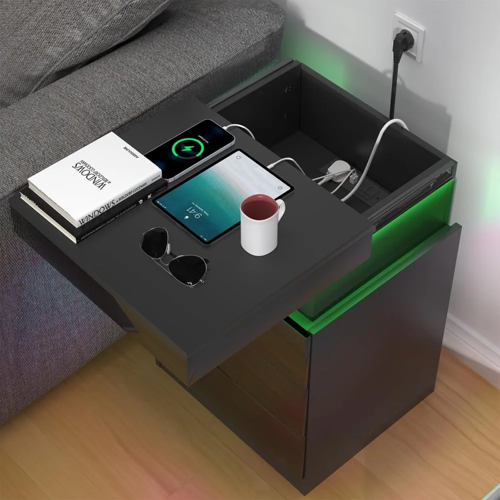 Juego de 2 Mesitas de Noche LED Negras، 3 كاجونز مع نظام دفع وسحب #2