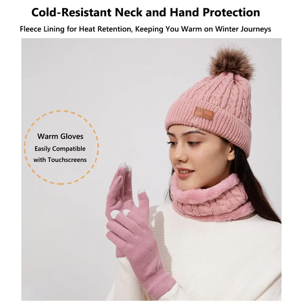 Set Sarung Tangan Syal Beanie Wanita Musim Dingin Modis Topi Beanie Tebal Rajut dengan Pom Penghangat Leher Hangat Cuaca Dingin