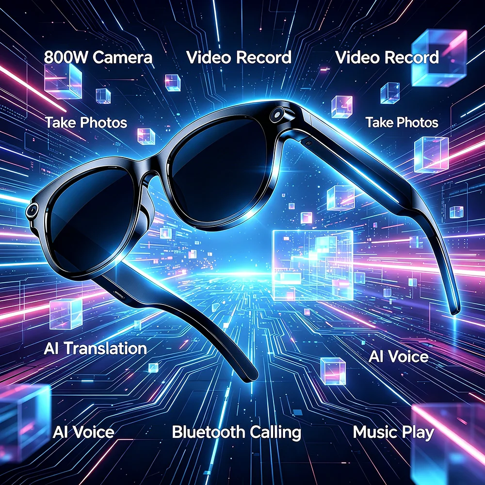 

AI Smart Glasses with 8MP Camera and Mic,1080P HD Video Recording, Take Photos, Bluetooth Call, AI Translation, Music Play