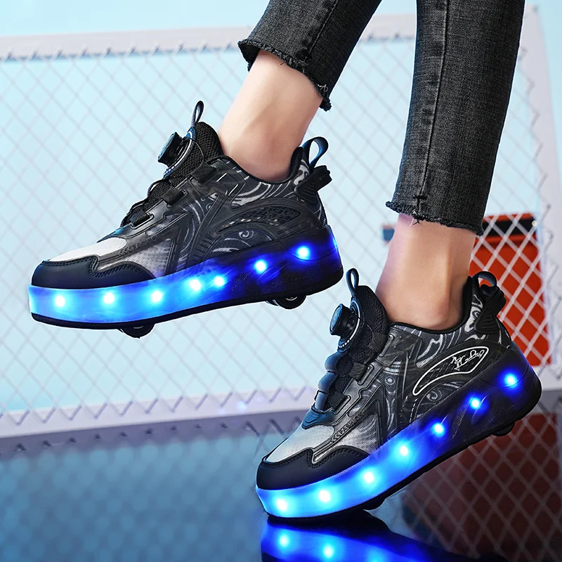 Fashion Children 4-Wheels USB Charging Sneakers LED Light Roller Skate Shoes Kids Gift for Boys Girls Sport Casual Shoes