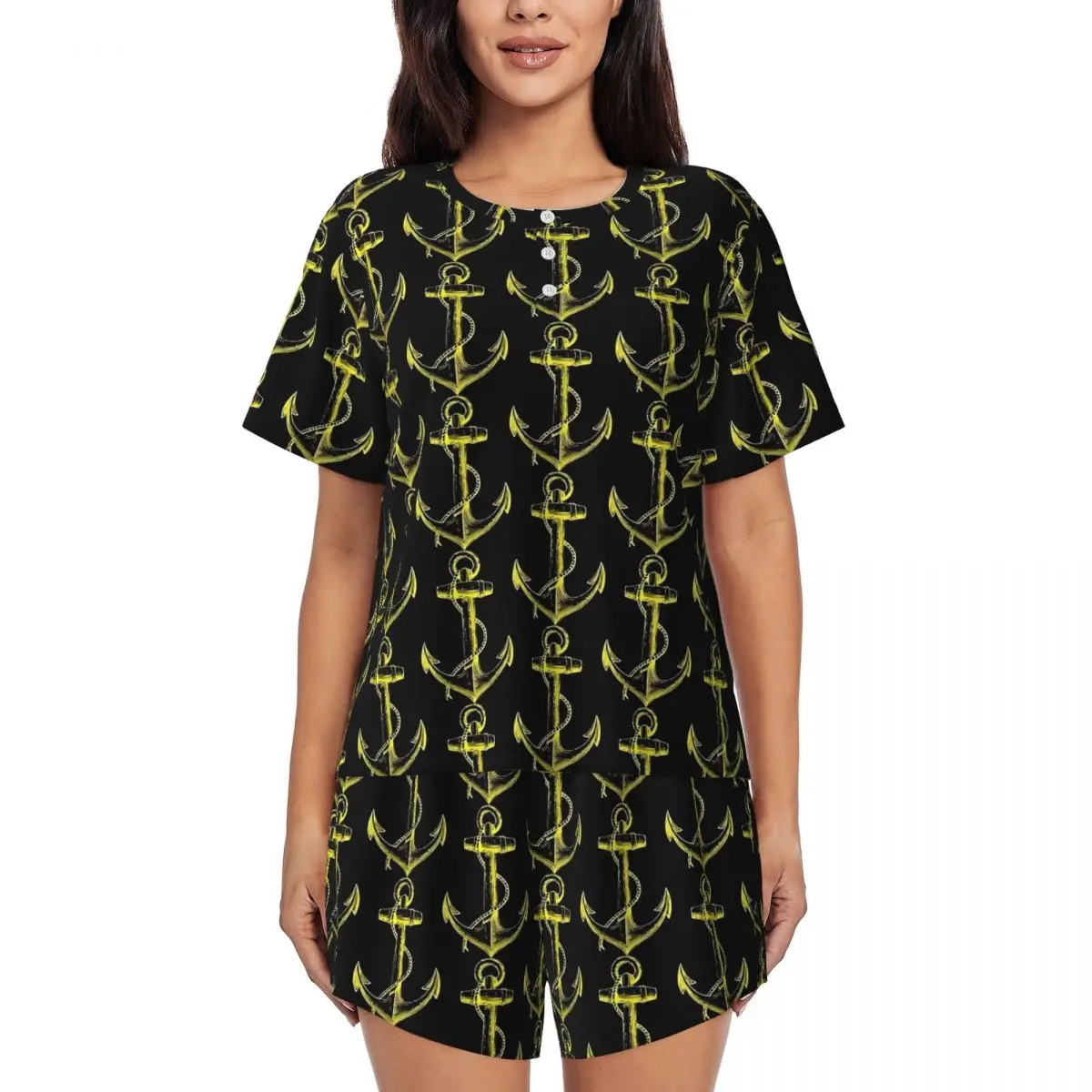 

Yellow Anchor Pajamas Woman Vintage Nightwear Summer Short-Sleeve 2 Pieces Home O Neck Design Pajama Sets