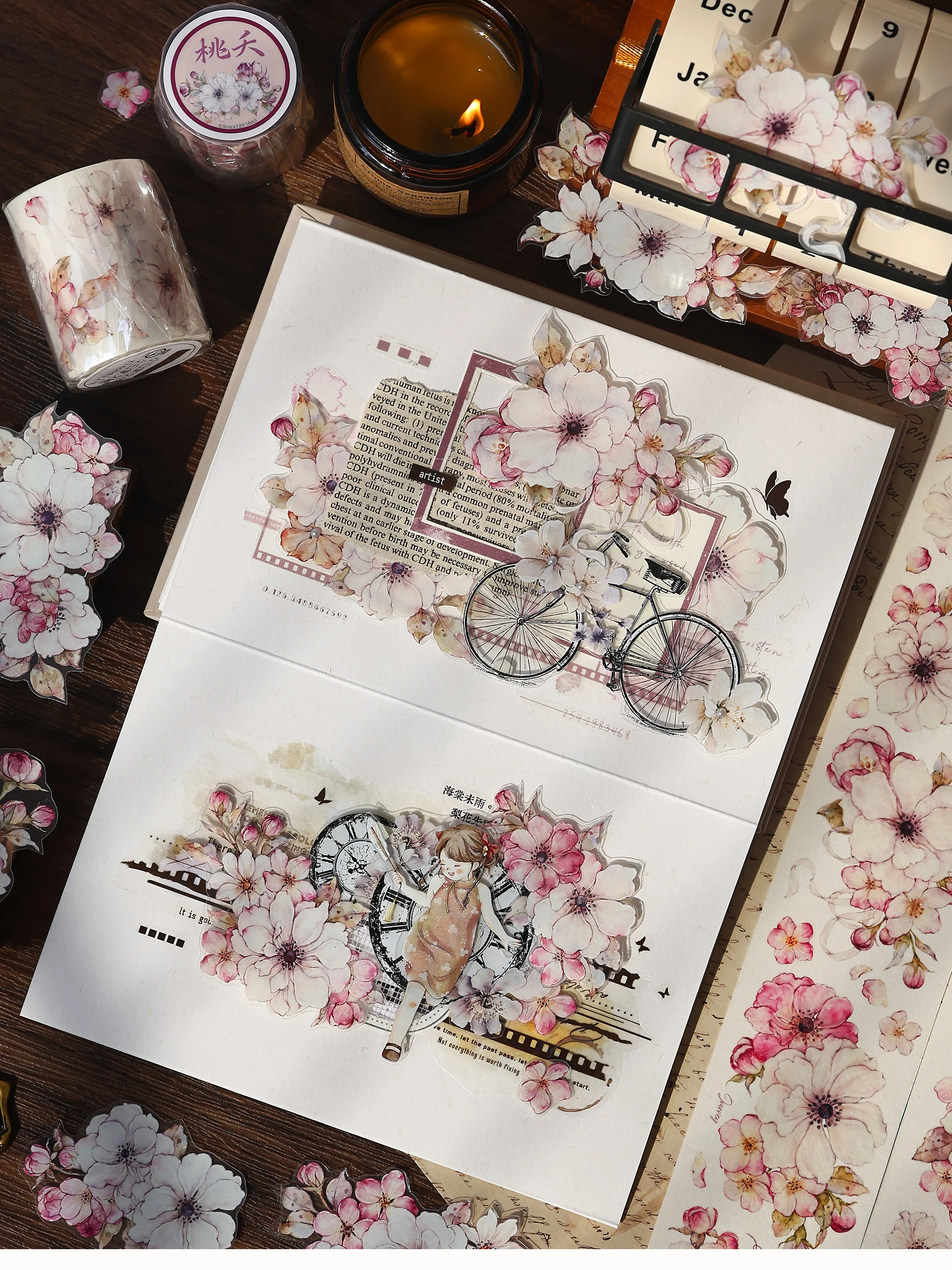 Taoyao Light Retro Pink and White Big Flower Washi PET Journal Sticker Goo Card Tape