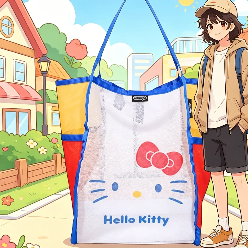 

New Hello Kittys Shoulder Bag Crossbody Bag Large Capacity Mesh Bag Nylon Anime Figure Cartoon Girl's Heart Bags for Woman