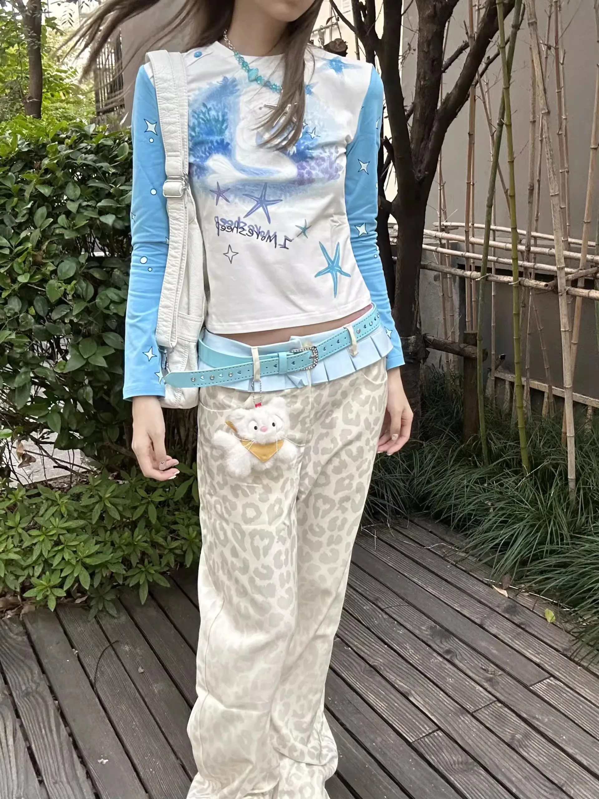 Y2K Leopard Print Pants Women Color Block Patchwork Design Retro Skirt Style Loose Wide Leg Casual New