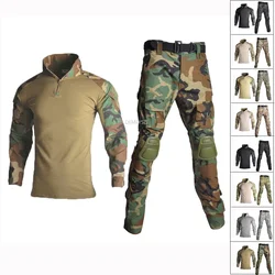 Woodland Camouflage Uniform Tactical Combat Suit Airsoft War Game Clothing Shirt + Pants Elbow Knee Pads