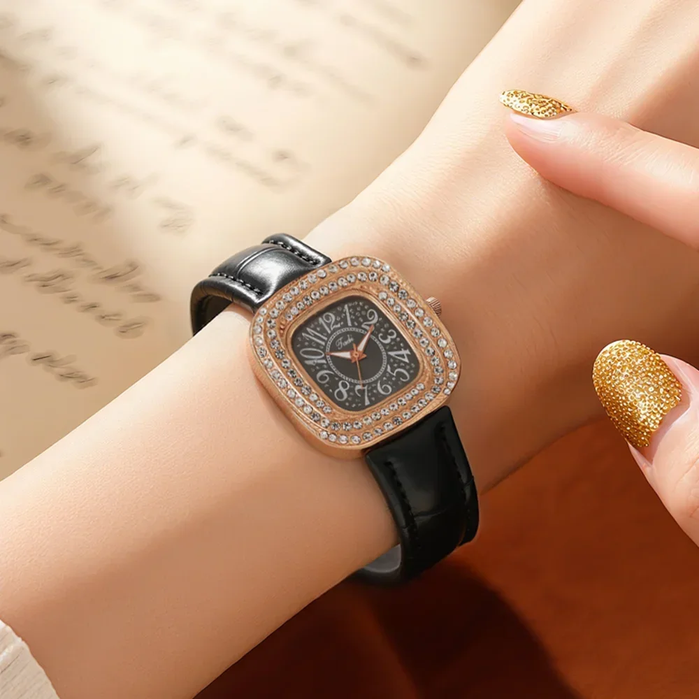 Women's wristwatch with diamond inlay, full diamond personality, light luxury, square quartz watch, retro fashion watch