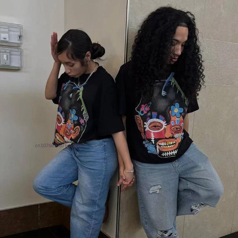 القطن سميكة قصيرة الأكمام تي شيرت الرجال النساء Ins المد الشارع الأسود الرياضة خمس دقائق كم جديد فضفاض عرق زوجين القمم