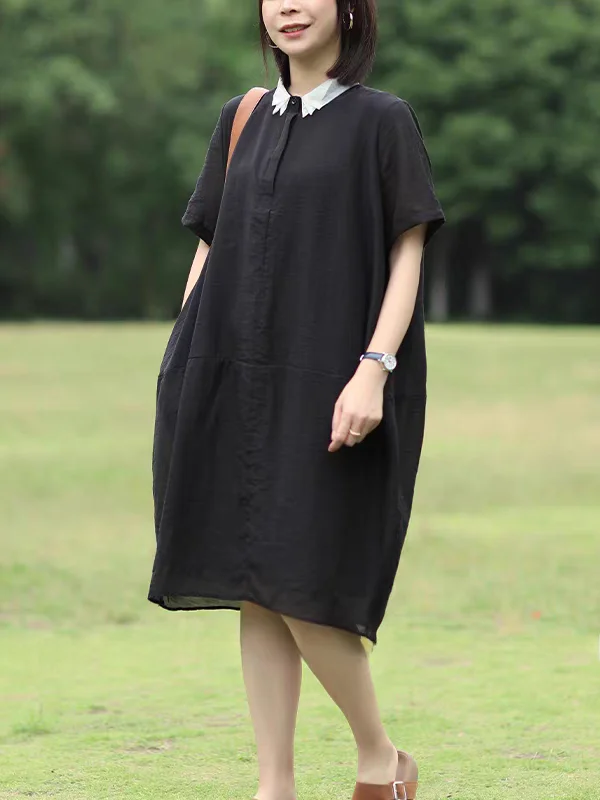 우아한 순색 린넨 셔츠 드레스 한국 스타일 출퇴근용 루즈핏 허리 여름 패션 여성 드레스 미디 길이 A라인 스커트