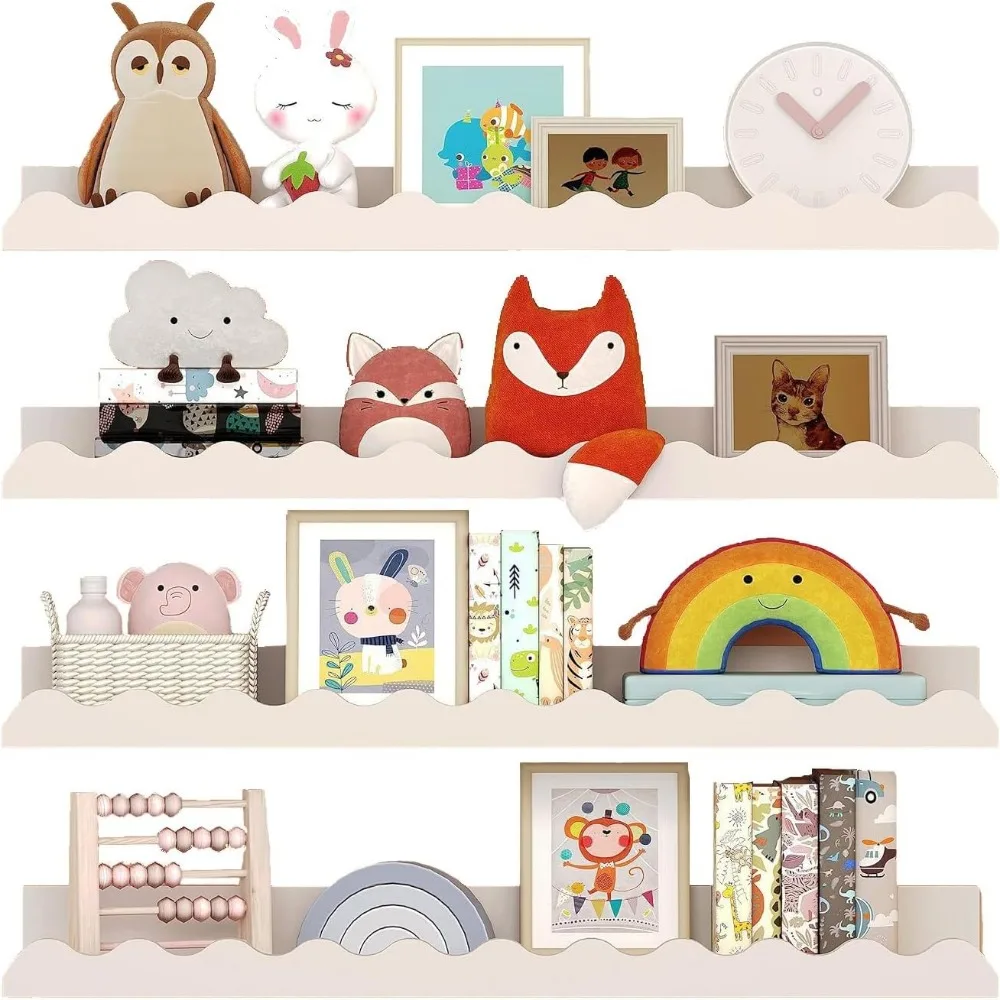 

Wooden Floating Shelves for Wall Set of 4, 23 Inches Photo Pictures Ledge Shelves with Wavy Lip Wall Book Shelves for Living Ro