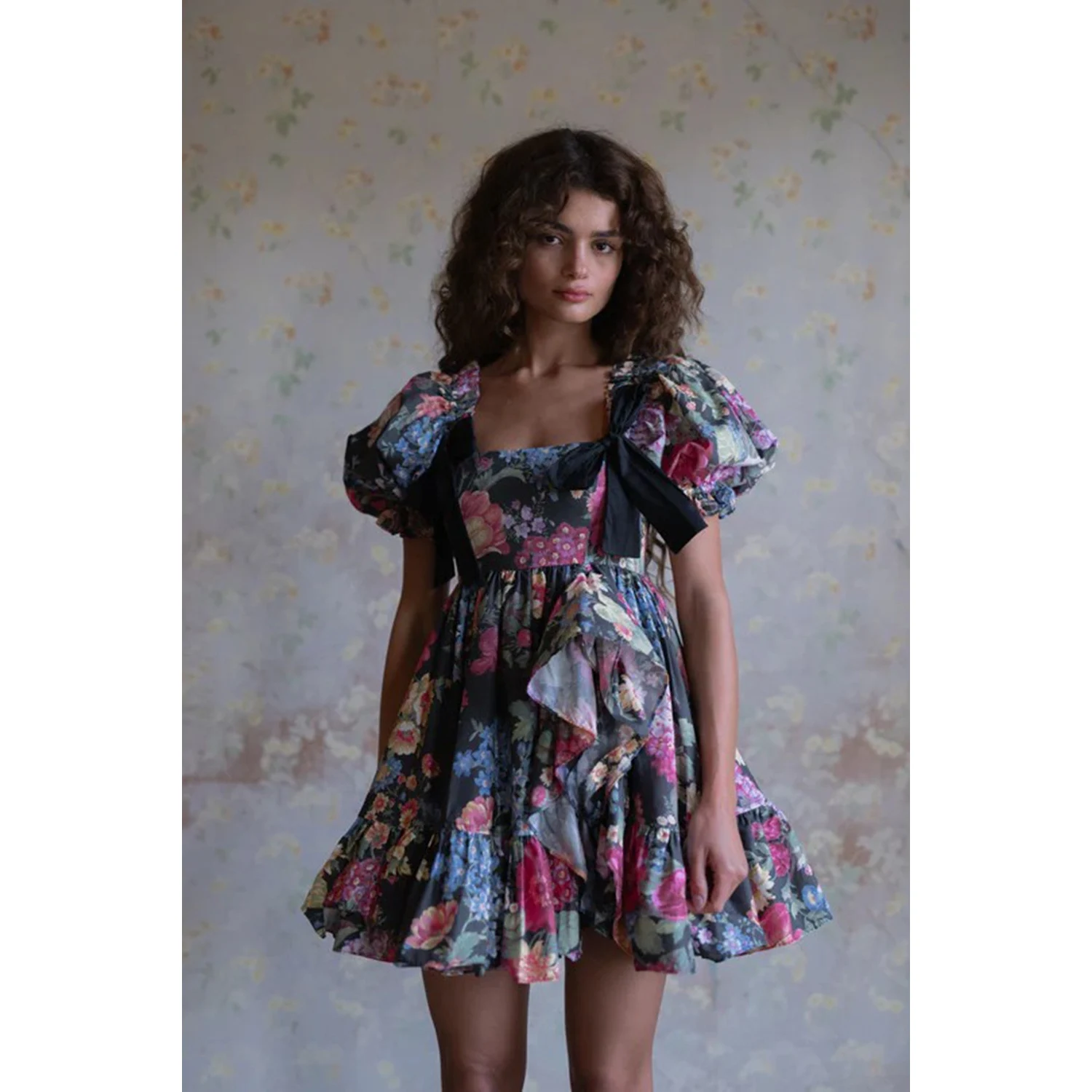 

New Summer Floral Print Comfortable Casual Short Sleeve Square Collar Dress Fashionable Date Wedding Toasting Ceremony Dress