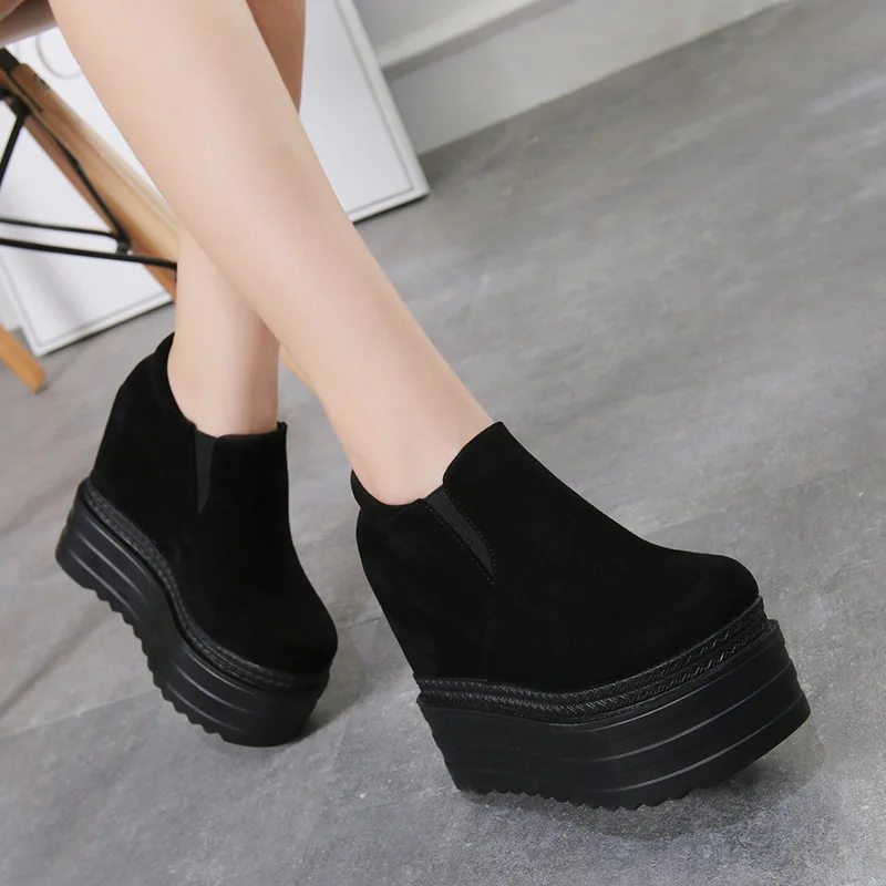 Comemore 13cm High Heels Boots Black Suede Wedges Platforms Shoes Autumn Women Ankle Boots Height Increasing Pumps Bottine Femme