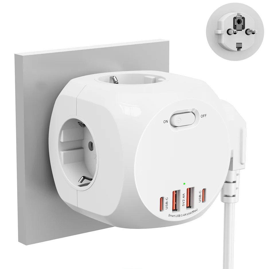 

Удлинитель EU Cube с несколькими розетками с 2 портами USB A и 2 портами типа c, 4 розетками переменного тока, настенным адаптером питания для дома