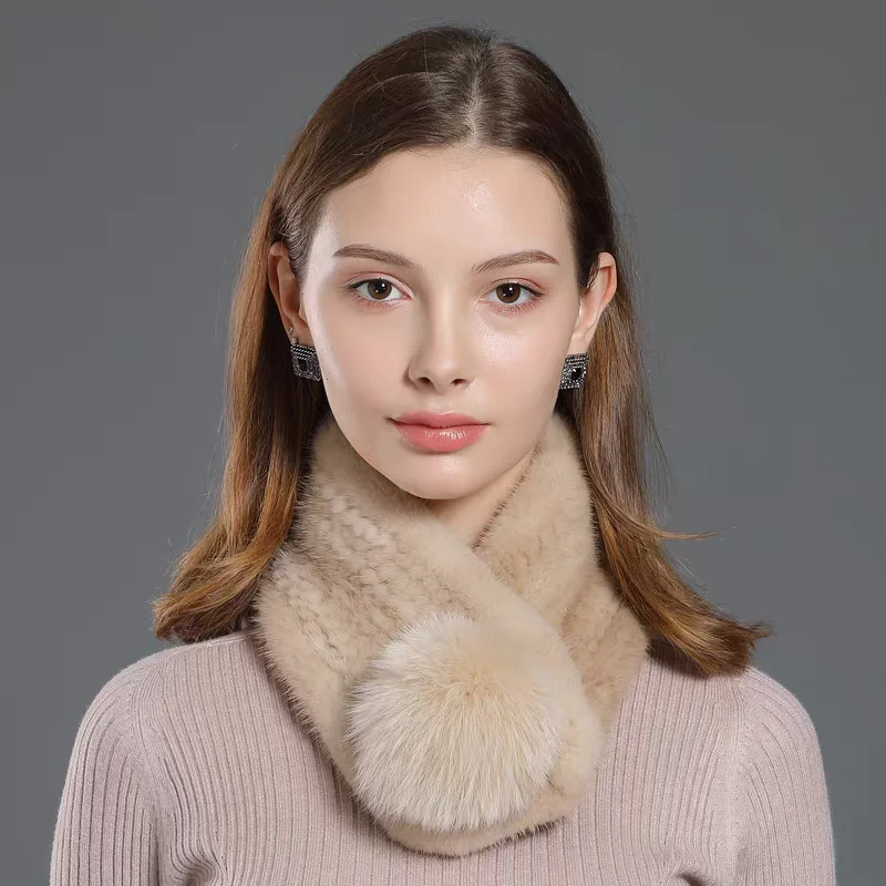 Short Fashionable Design Knitted Lady Winter Neck Warmer Real Mink Fur Scarf with Fox Fur Ball view 2
