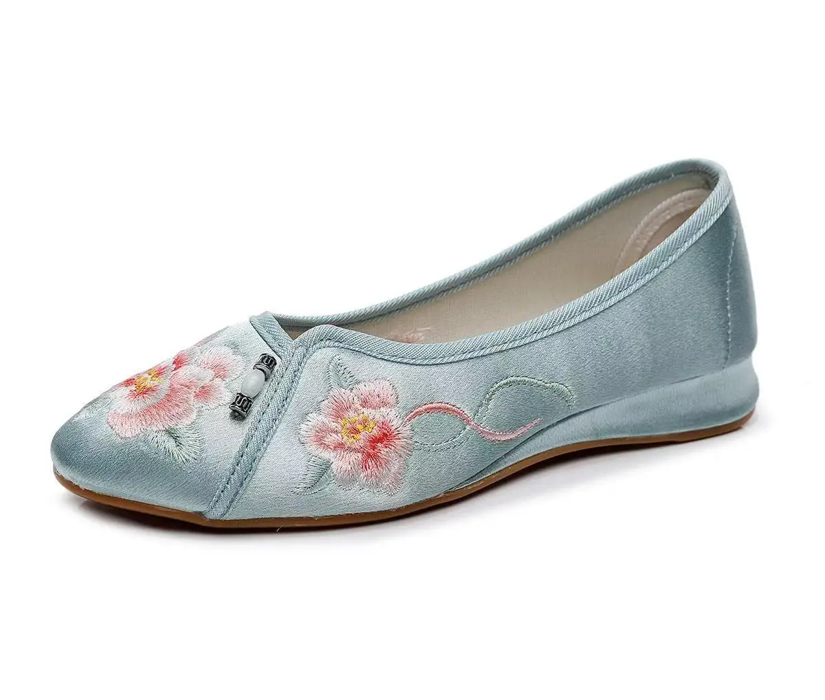 Woman's Chinese Traditional Flat Sole Embroidered Shoe Soft Sole Shallow Slip On Pointed Toe Silk Ethnic Style Cheongsam Shoes