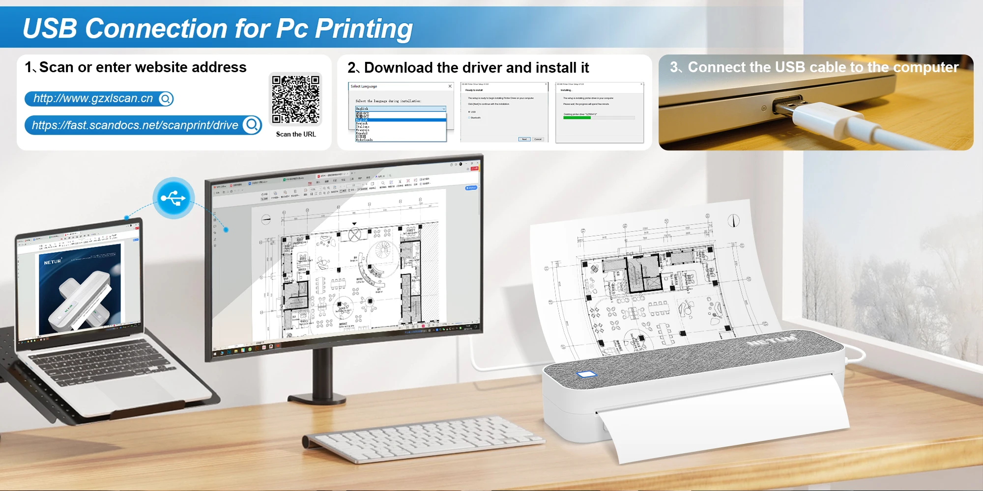 A4 Tragbarer Thermodrucker mit Bluetooth & USB, für Fotos, TXT, Word, PDF-Dokumente, kompatibel mit Android-, iOS- und Windows-Systemen – Detail 2