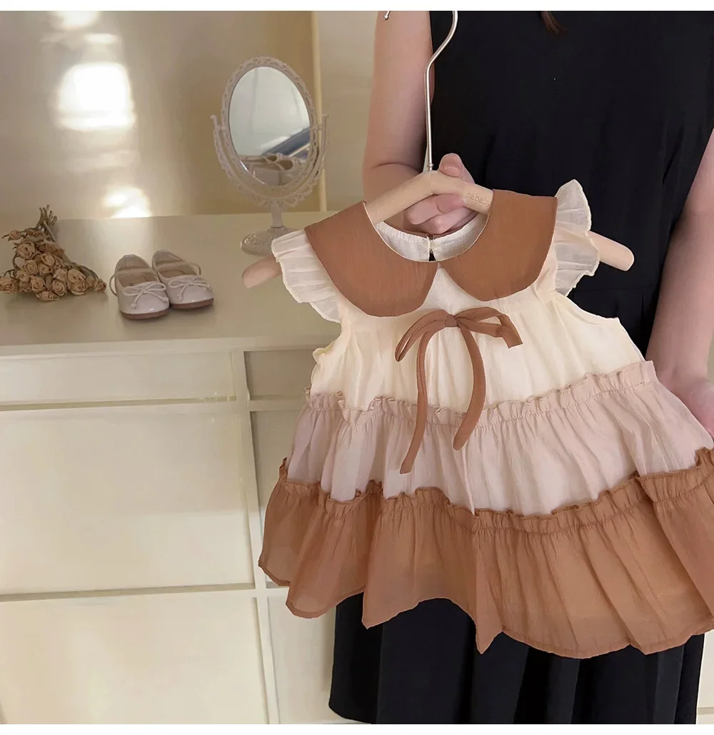 

Summer Baby Girls Bow Collar Dress Korean Style Sleeveless Splicing Tulle Dresses 2025 Fashion Children Clothing