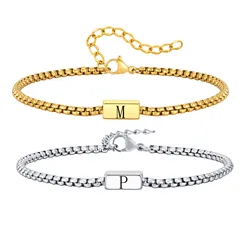 Initials Box Chain Bracelets for Men Boys,Alphabet A-Z 26 Letter Stainless Steel Chain Wristband,New Trend Jewelry Gifts