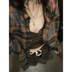 Deeptown Y2k Vintage Plaid Women Shirts Long Sleeve Oversized Blouse Korean Fashion Basic Chic Retro Casual Summer Streetwear