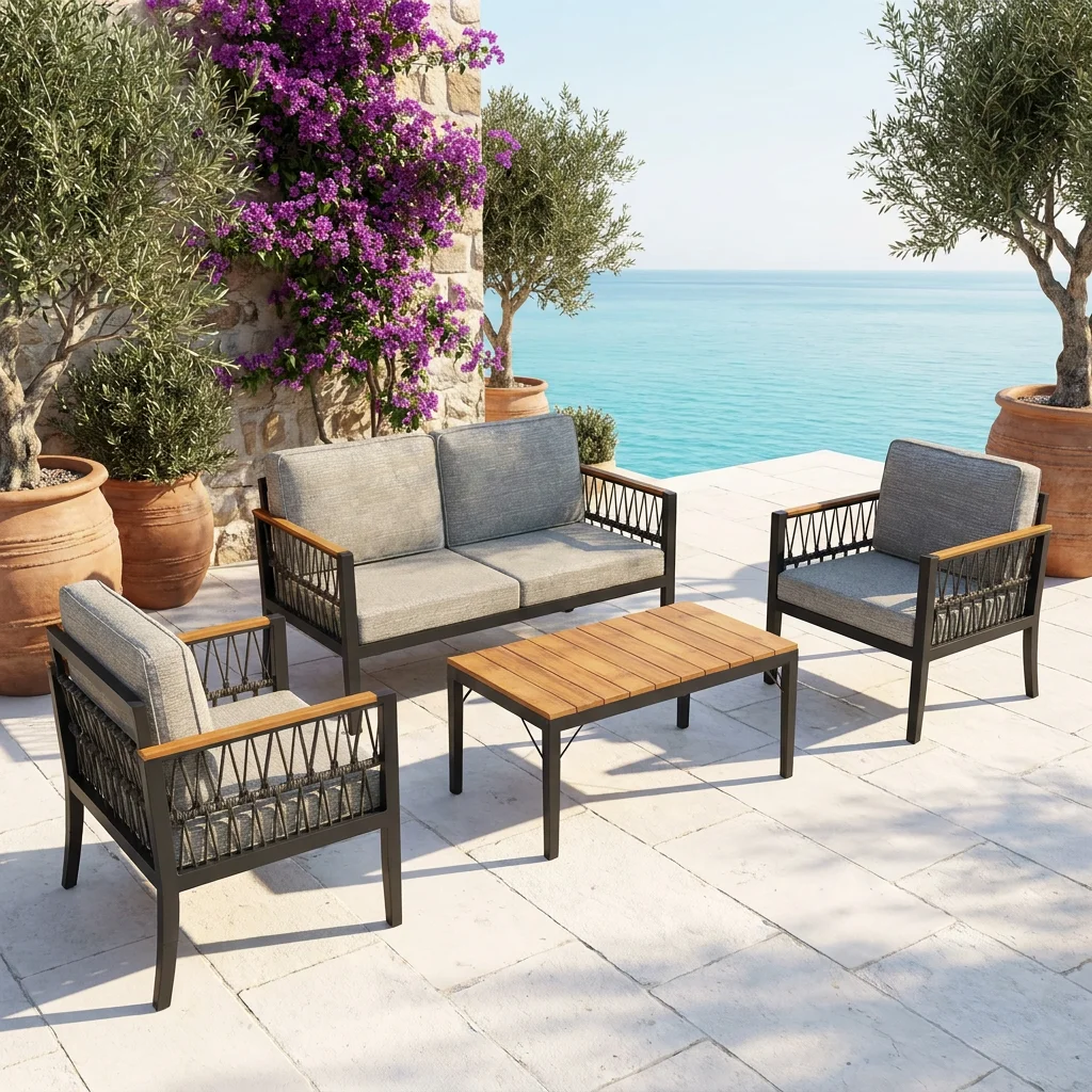 Modern Scandinavian 4 Piece Outdoor Conversation Set With Rope Woven Chairs and Wood Slatted Coffee Table for Garden Lounge