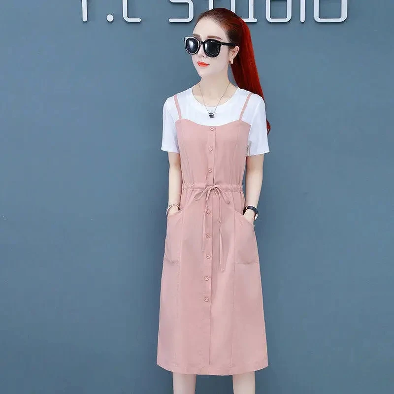 Female Summer Little Fresh Fake Two Pieces A-line Skirt With Suspender Women Korean New Round Neck Fake Two-piece Dress Skirt