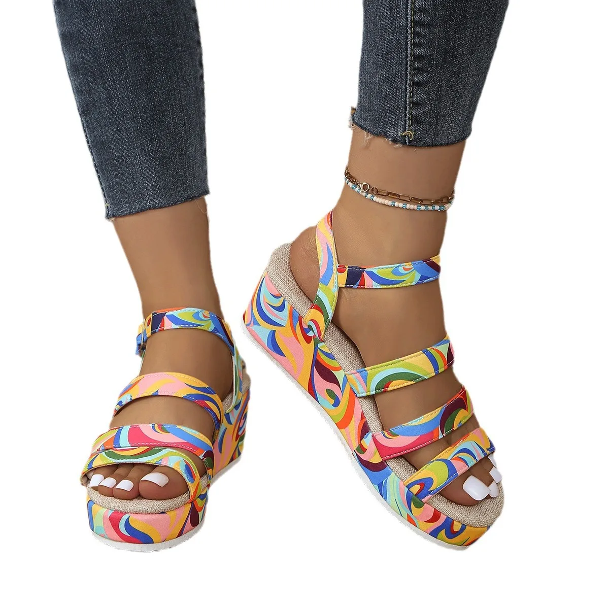 2024 European and American plus size high-top colored high-rise buckle sandals for women